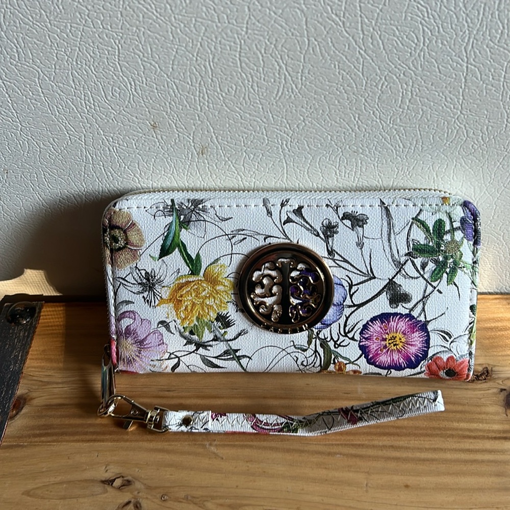 Dasein Floral Zip Around Vegan Leather Clutch Wallet